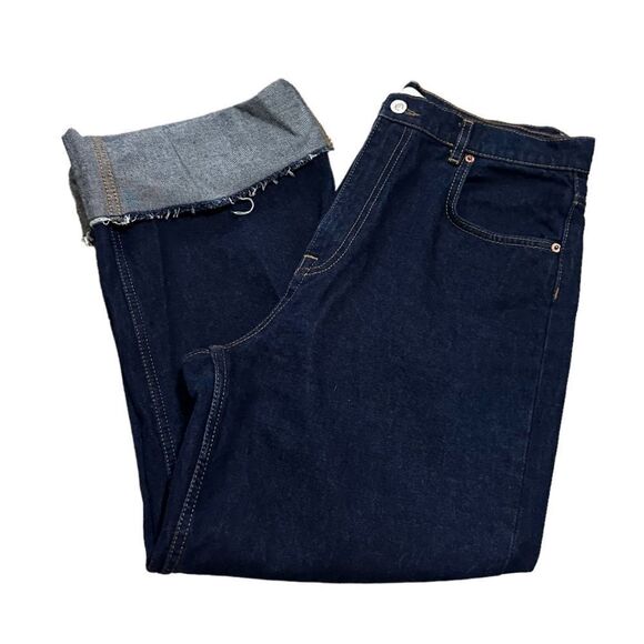 Zara Dark Wash Hi Waisted Straight Leg Jean Raw Hem Ankle Denim Jeans Pants - Picture 4 of 5